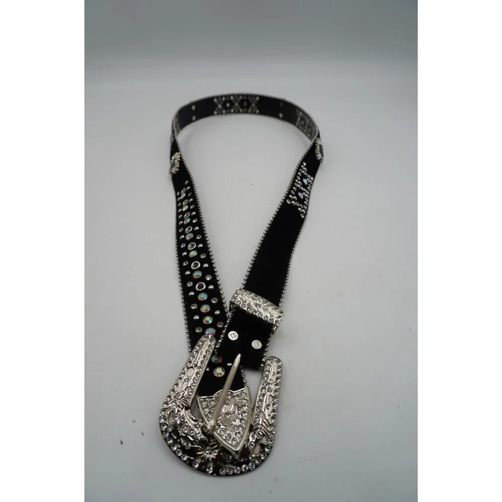 Black Pony Hair Cross Stones Studs White Stones Studded Rhinestones Belt 49